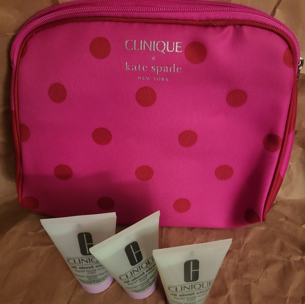 Clinique x Kate Spade Pink Polka Dot Cosmetic Bag + ALL ABOUT CLEAN